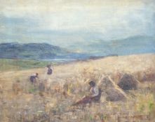 Joshua Anderson Hague (1850-1916), Impressionist oil on canvas, Figures haymaking, signed, 40 x