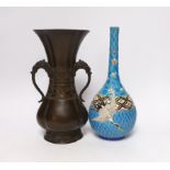 A 19th century Japanese bronze flower vase, with a Japanese enamelled pottery bottle, Meiji, tallest