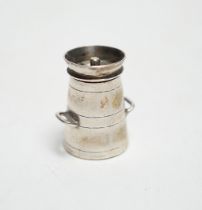 A late Victorian novelty silver pepperette, modelled as a milk churn, Saunders & Shepherd,