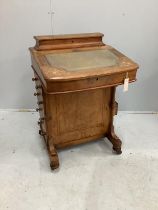 A late Victorian inlaid walnut Davenport, width 52cm, depth 54cm, height 81cm