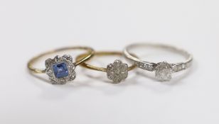A white metal and single stone diamond ring, with diamond chip set shoulders, size N and two 1920'