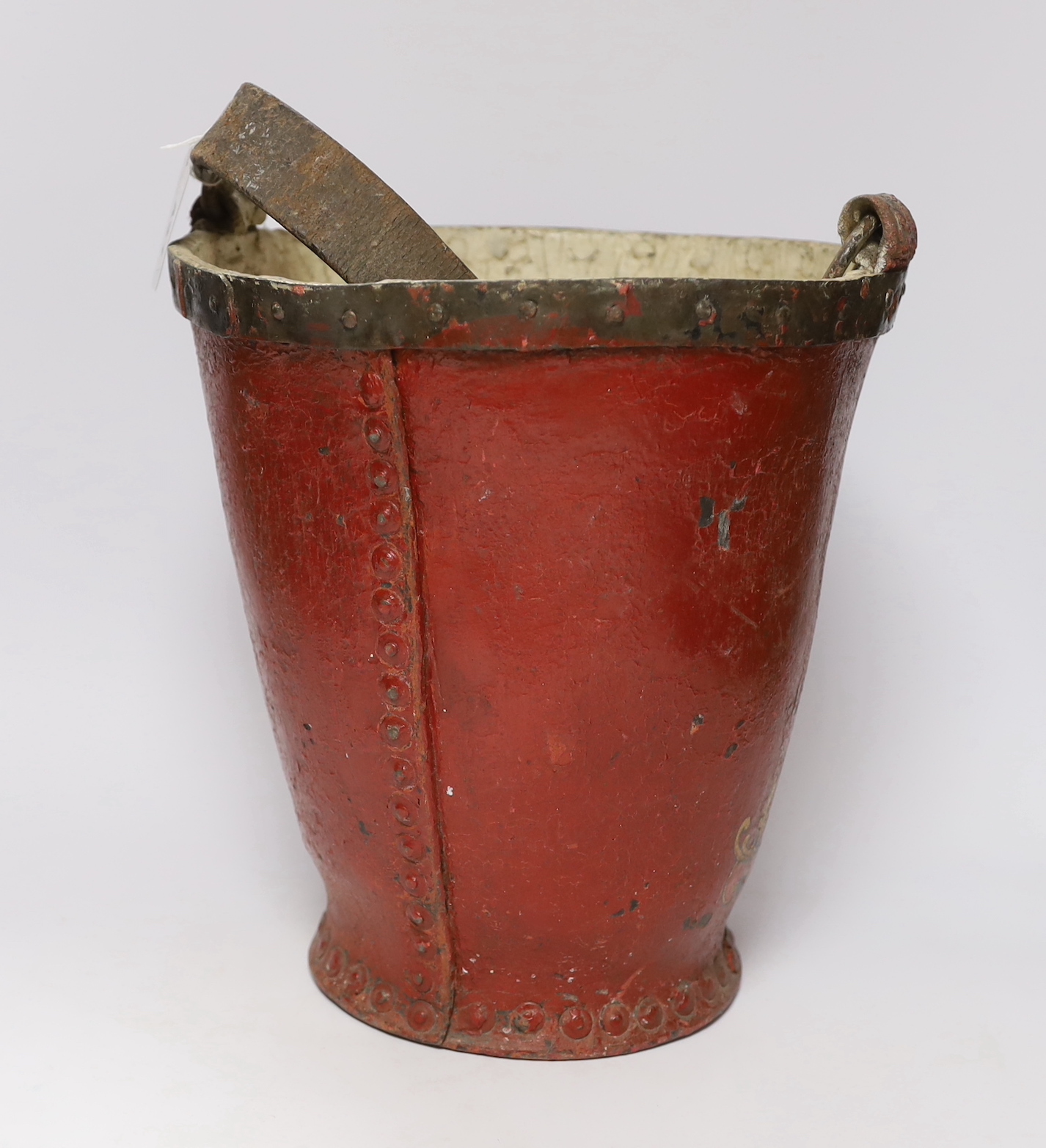 A 19th century red painted fire bucket decorated with royal crest, 32cm - Image 2 of 2