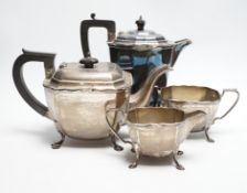 A George V silver three piece silver tea set, George Wish, Sheffield, 1929, 37.6oz, together with