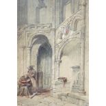 Thomas Scandrett (1797-1870), heightened watercolour, Two monks in an ecclesiastical setting, signed