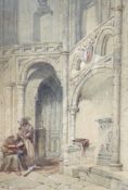 Thomas Scandrett (1797-1870), heightened watercolour, Two monks in an ecclesiastical setting, signed