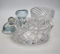 Seven glass items including two Orrefors, Sweden heavy cut glass bowls, one by Jan Johansson, and
