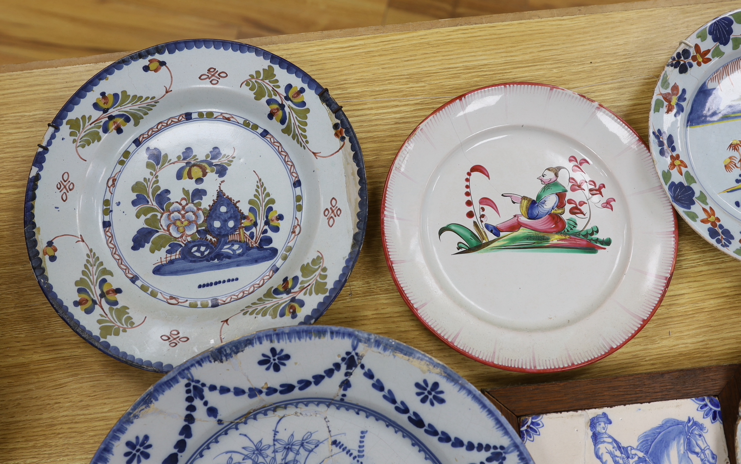 Two 18th century Delft blue and white dishes, a Delft polychrome dish, an English delftware plate, a - Image 2 of 4