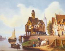 Jacques Douven (1908-2002) oil on board, Town scene with river and boats, signed, 38 x 48cm,