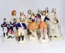 Seven 19th century Staffordshire flat back figure groups, including figures of Milton, Nelson, a