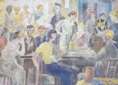 Elspeth Buchanan (Scottish, 1915-2011) mixed media, Figures in café, signed, 47 x 66cm