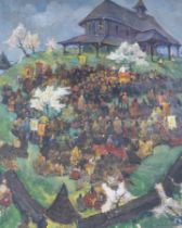 Eastern European School, oil on card, Religious festival and woman carrying bowls verso,