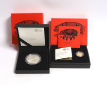Royal Mint Lunar Year of the Pig, 2019, one tenth oz gold BUNC coin and one oz silver proof coin (