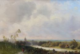 Jan Evert Morel II (Dutch, 1835-1905) oil on oak panel, figures in an open landscape, signed, 22 x