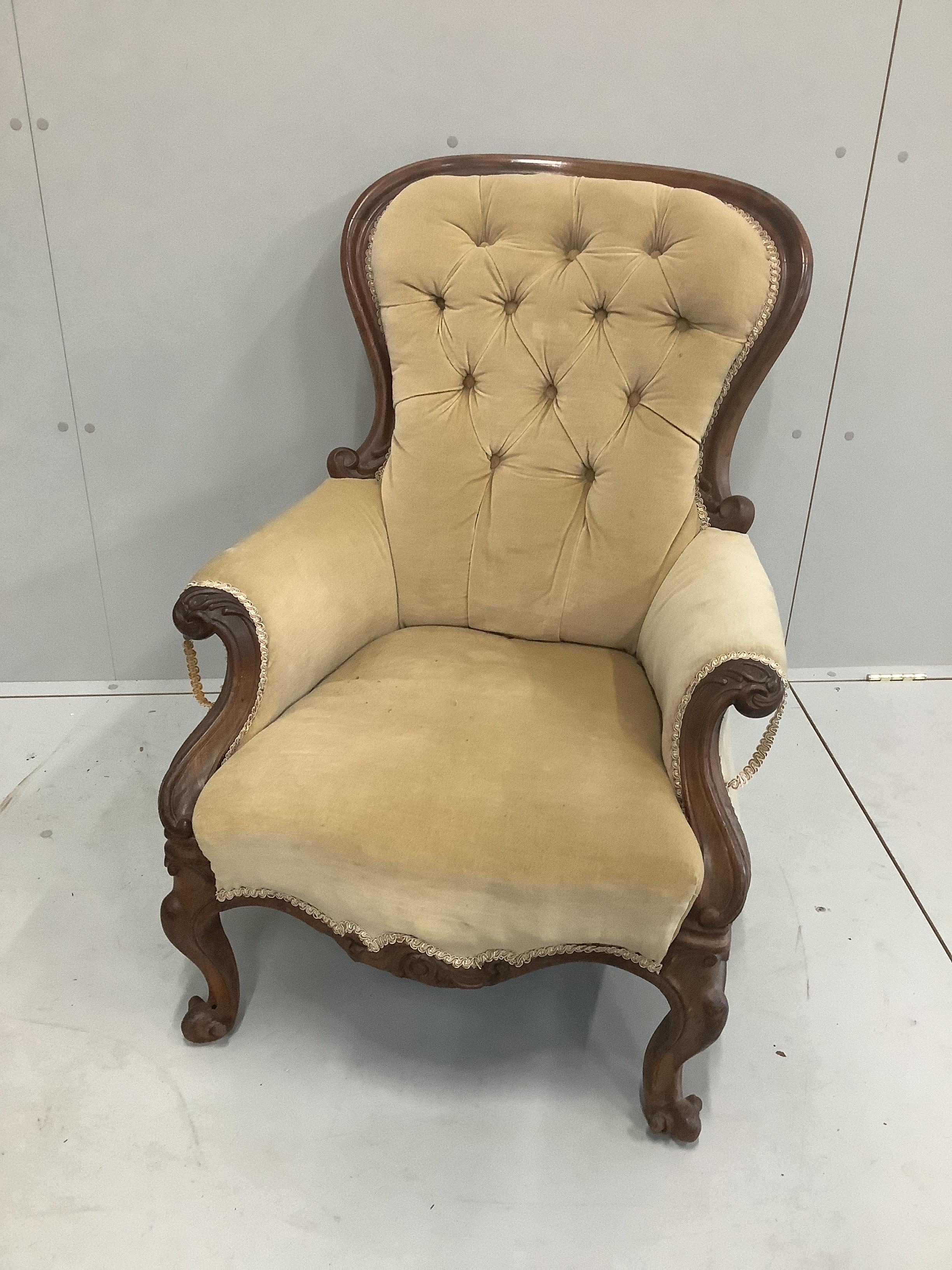 A Victorian carved mahogany button back armchair, width 70cm, depth 80cm, height 88cm