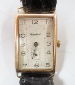 A gentleman's 1930's 9ct gold Cortebert manual wind rectangular dial wrist watch, on a leather