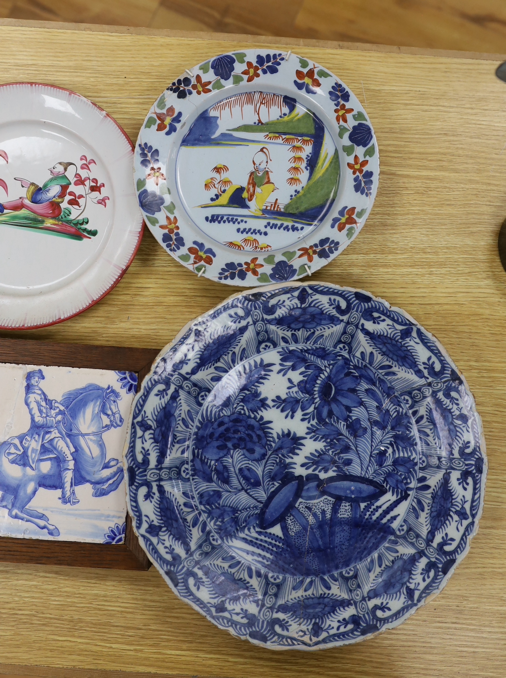 Two 18th century Delft blue and white dishes, a Delft polychrome dish, an English delftware plate, a - Image 4 of 4