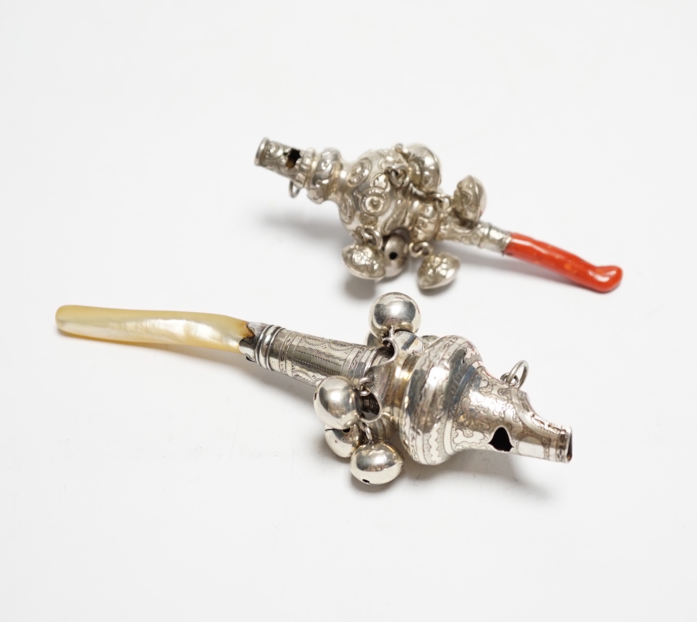 A George III child's silver rattle, with mother of pearl teether, Joseph Wilmore, Birmingham,