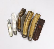 Six penknives, folding fruit knives, etc. including three antler/bone handled pruning knives by