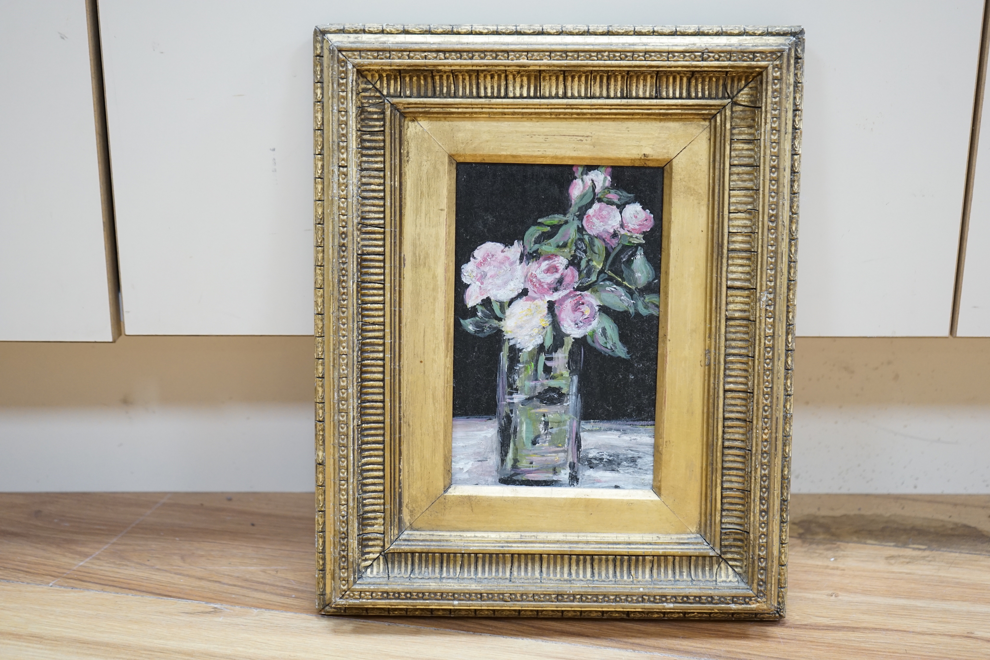 English School, oil on board, Still life of roses in a vase, 18 x 11cm, ornate gilt frame - Image 2 of 5