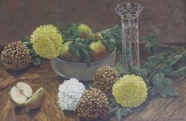 Nina Timbrell (20th. C) oil on canvas, Still life fruit and flowers, signed, 30 x 45cm