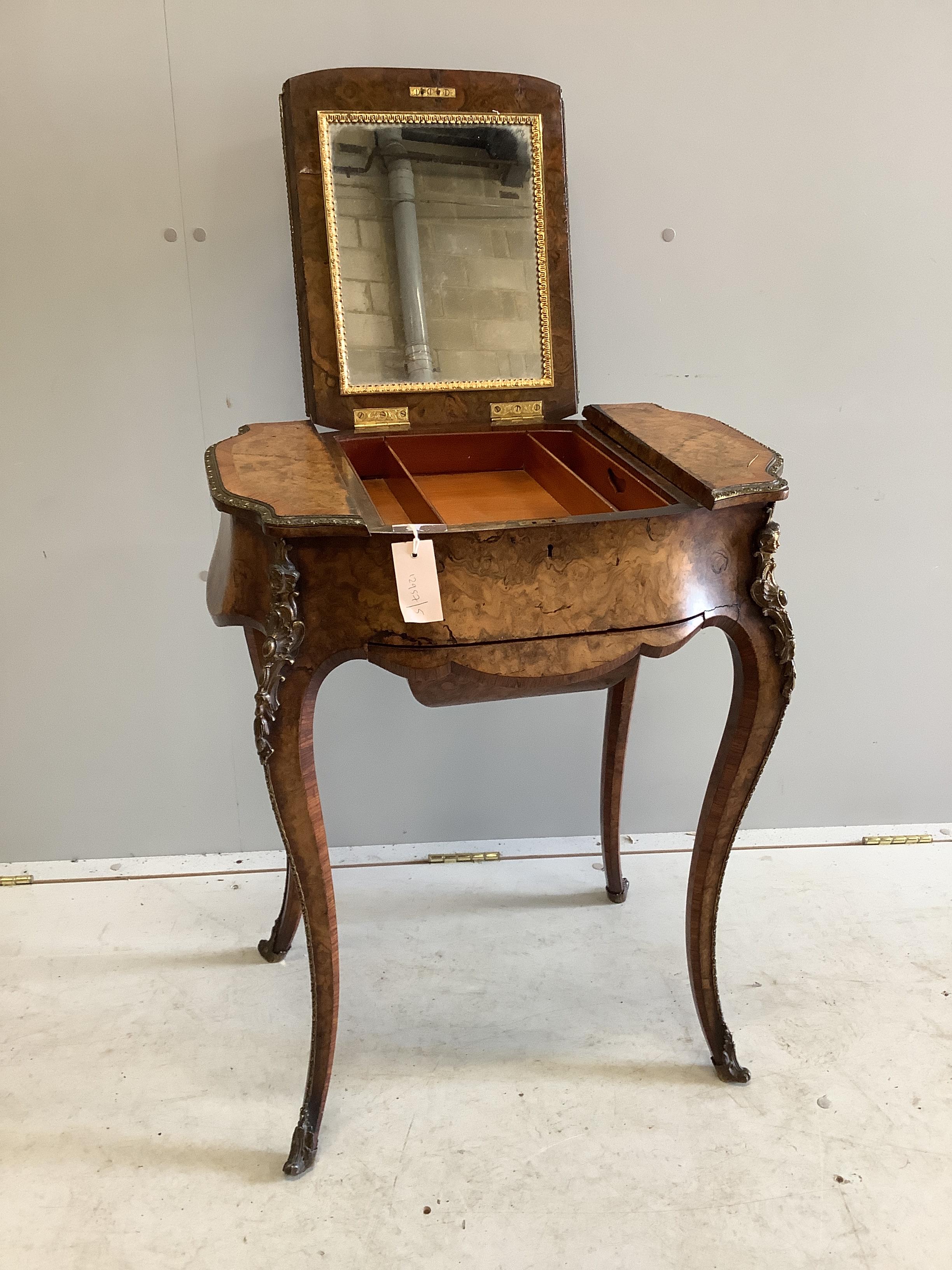 A Victorian gilt metal mounted tulip banded burr walnut enclosed dressing table/work box, width - Image 2 of 2
