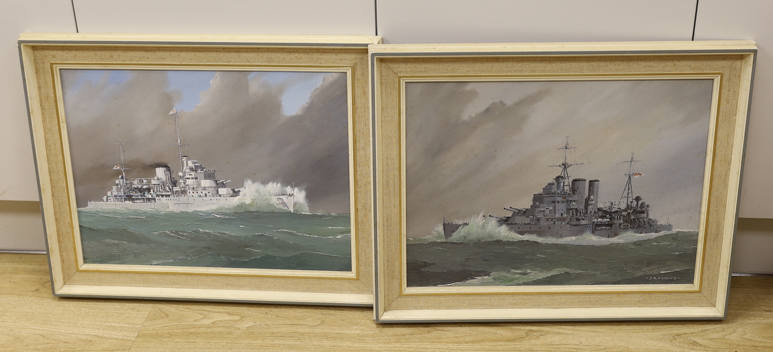 John Rohan Dominy (b.1926), pair of Naval interest oils on board, HMS Achilles, signed, details