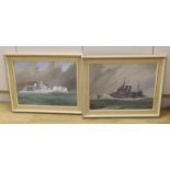 John Rohan Dominy (b.1926), pair of Naval interest oils on board, HMS Achilles, signed, details