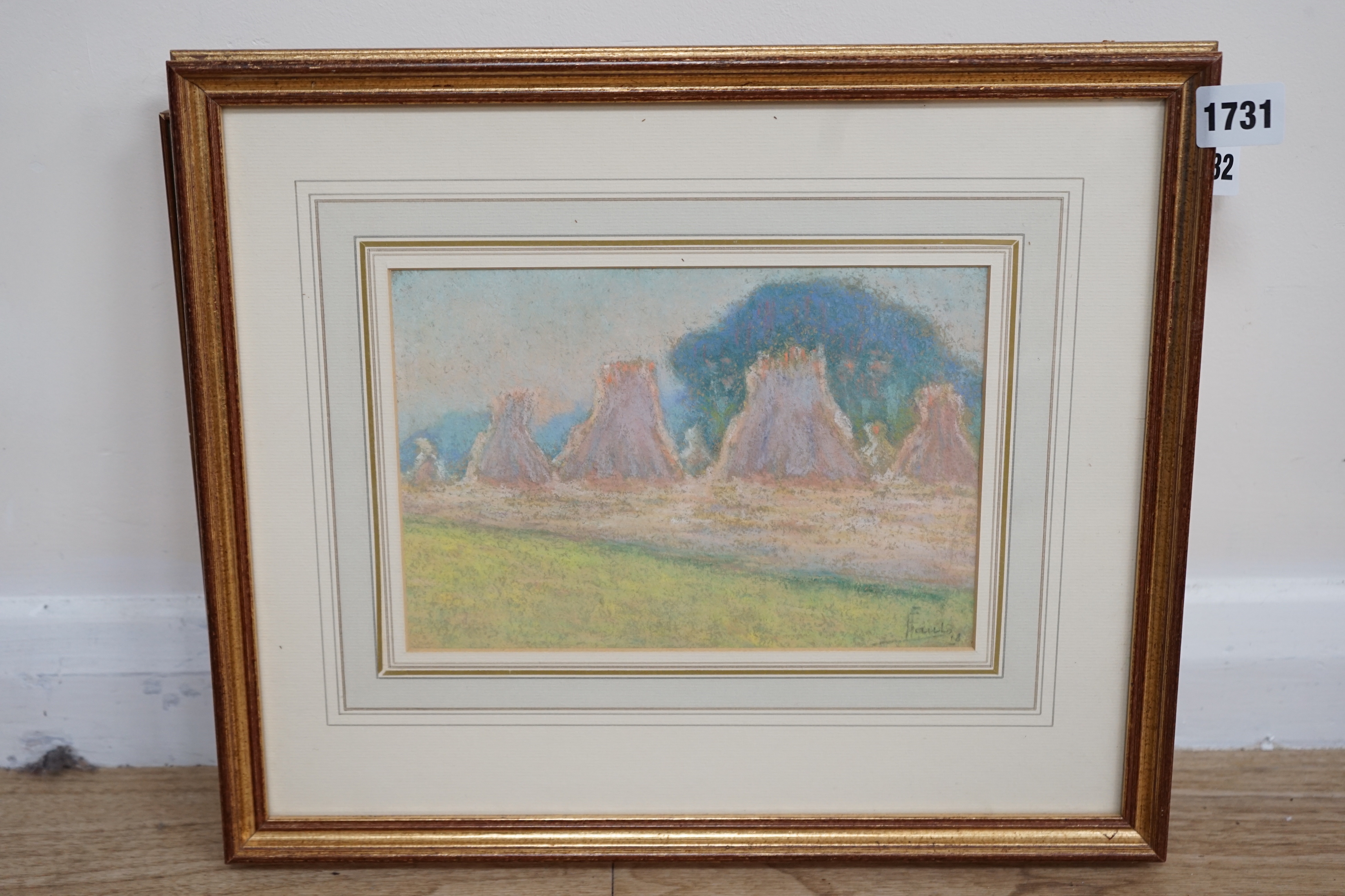 Ernest Faut (1879-1961) Impressionist pastel, Rural landscape with hayricks, signed, inscribed in - Image 3 of 4