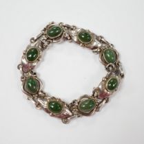 A 1970's Georg Jensen silver and cabochon nephrite set bracelet, design no.16, 18cm.