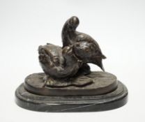 After Christopher Fratin (1801-1864) a bronze figure group of partridges, on marble base, 19cm wide