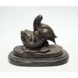 After Christopher Fratin (1801-1864) a bronze figure group of partridges, on marble base, 19cm wide