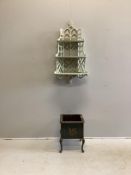 A chinoiserie lacquer jardiniere, width 35cm, height 45cm together with a painted fretwork three