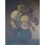 19th century oil on canvas, Still life of chrysanthemums in a vase, signed with monogram M.L,