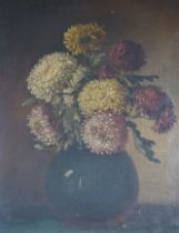19th century oil on canvas, Still life of chrysanthemums in a vase, signed with monogram M.L,