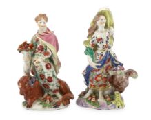 A pair of Bow porcelain groups of Ceres and Juno, c.1758, the figure of Juno standing beside an