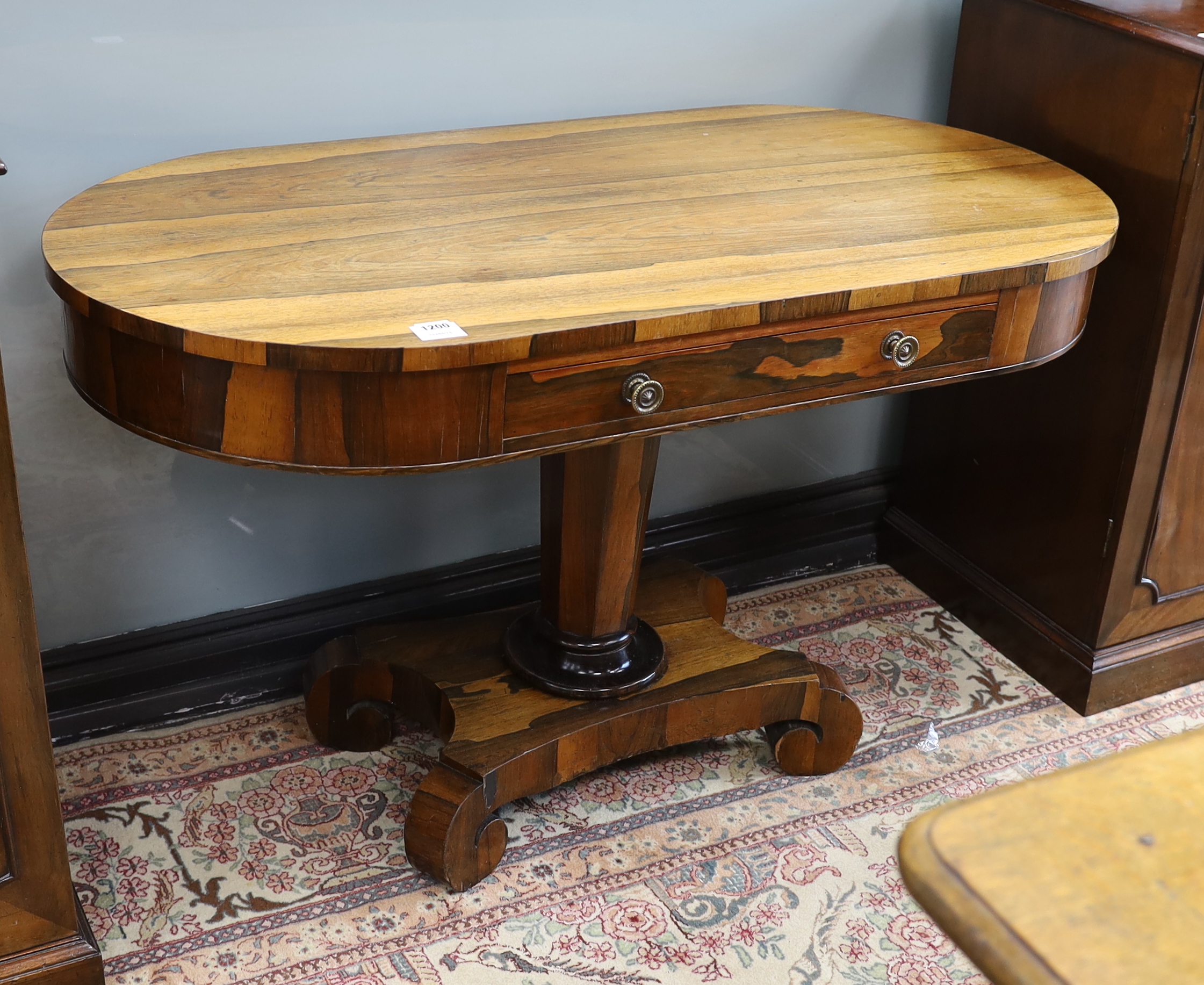 An early Victorian rosewood centre table, fitted with a single drawer, width 117cm, depth 58cm,