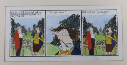 † † Annie Tempest (b.1959) original watercolour cartoon, women in a garden landscape, from ‘