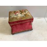 A Victorian tapestry ottoman stool, width 55cm, depth 54cm, height 44cm