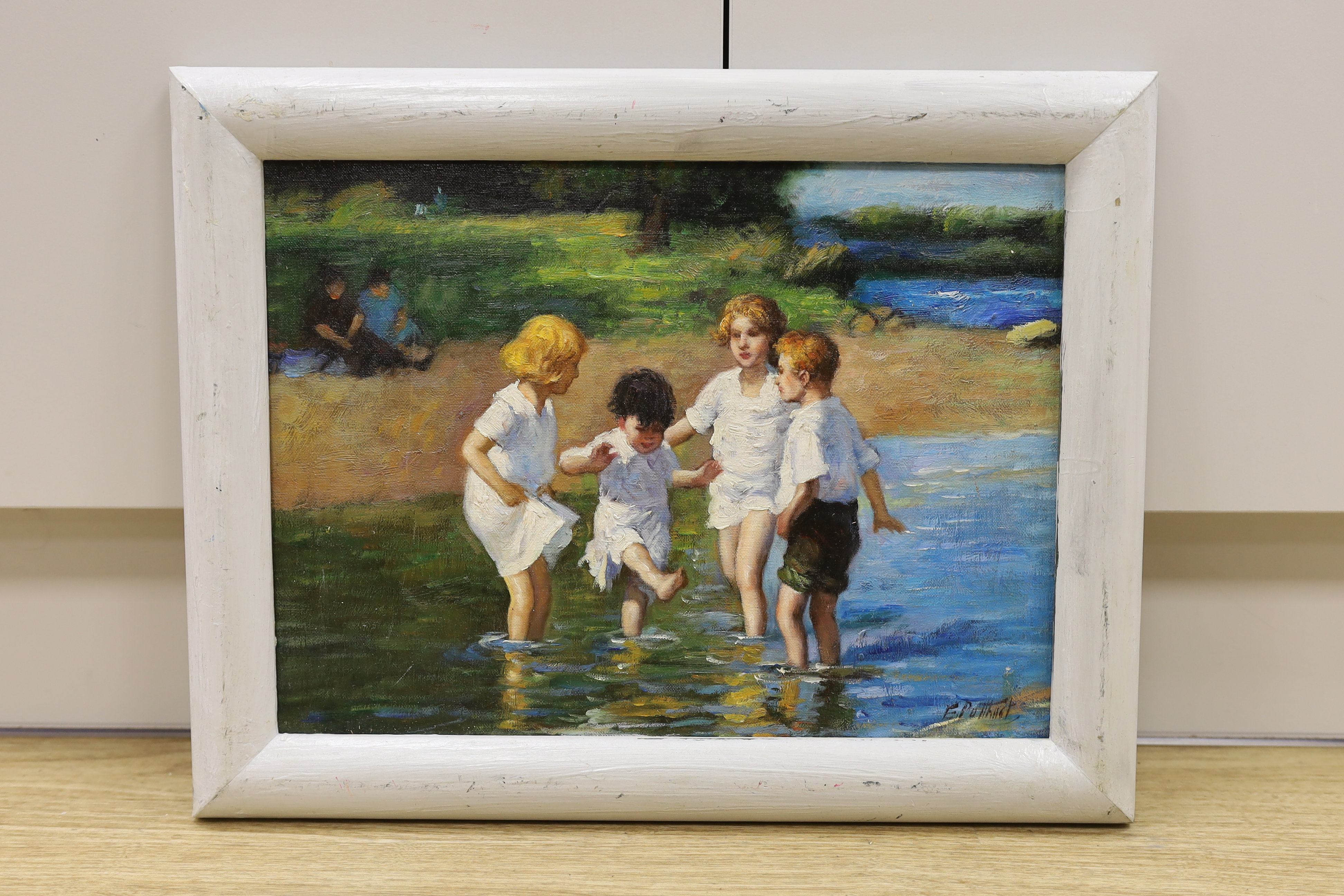 Manner of Edward Henry Potthast (1857-1927) oil on canvas board, River landscape with four - Image 2 of 4
