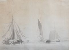 William Anderson (1757-1837) monochrome wash, study of boats, ex. Abbott and Holder, 17 x 24cm