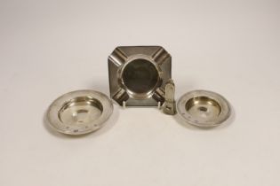 Three assorted silver ashtrays, including one engraved 'Officers Mess HQ UKLF', largest 10.1cm,