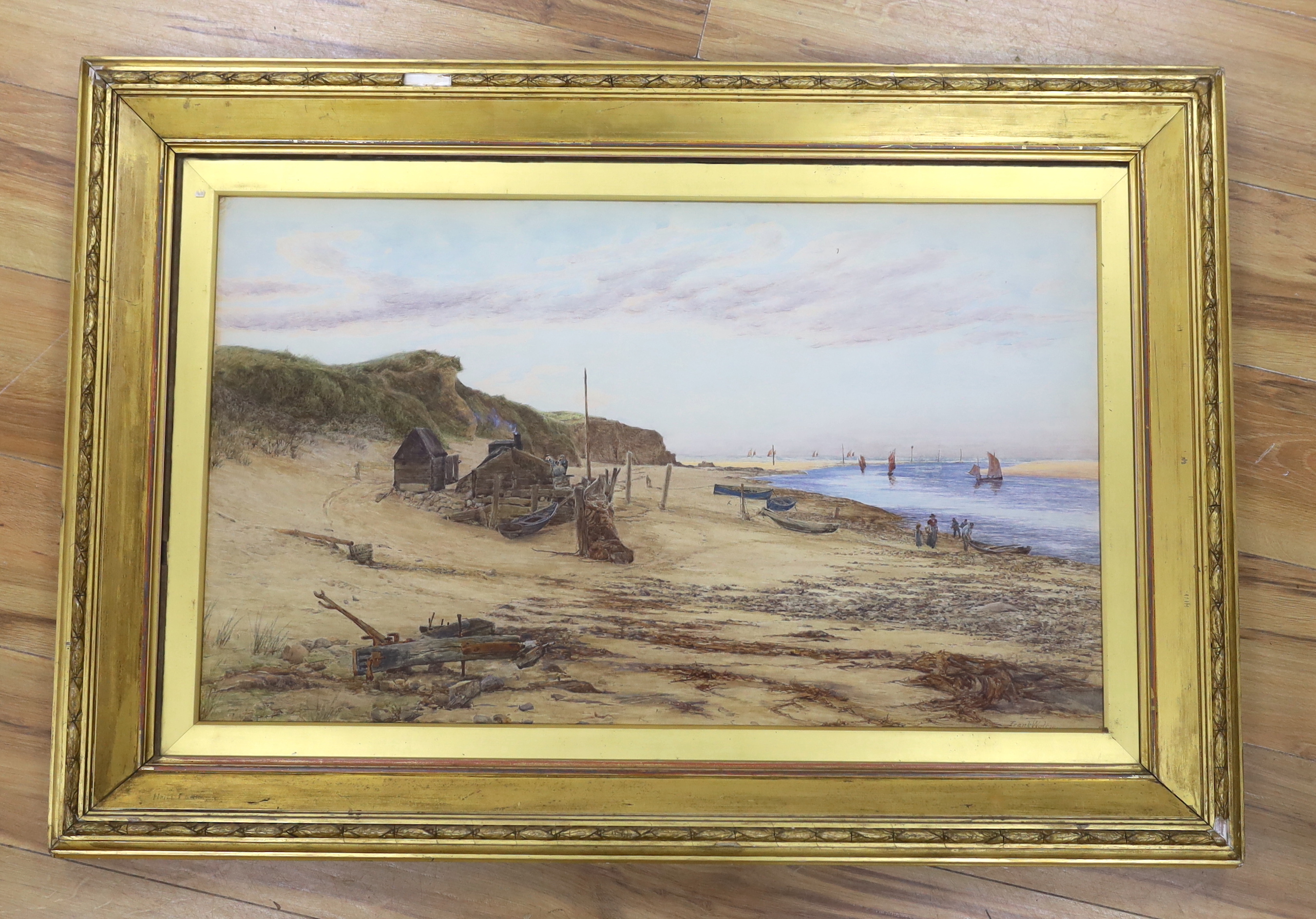 Frank Walton (1840-1920) watercolour, Beach scene with fishing boats and figures, signed, 44 x 74cm - Image 2 of 6