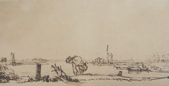 After Rembrandt (Dutch, 1606-1669) Old Master ink, Landscape with kneeling figure, Erich