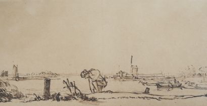 After Rembrandt (Dutch, 1606-1669) Old Master ink, Landscape with kneeling figure, Erich