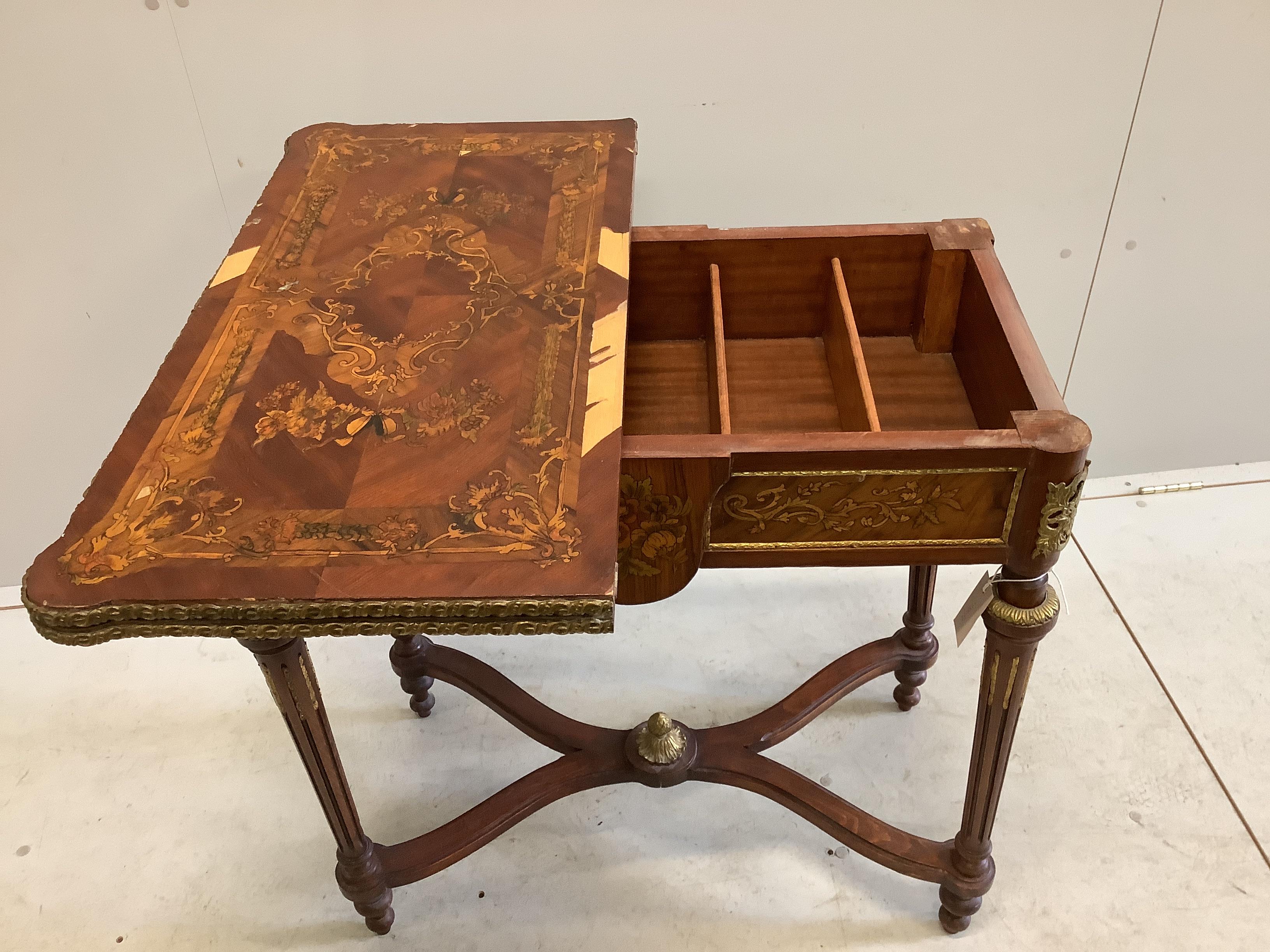 A Louis XVI style gilt metal mounted and marquetry inlaid folding card table, width 77cm, depth - Image 4 of 4