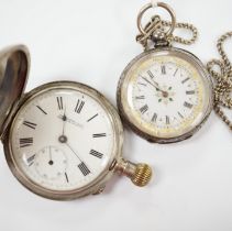 A 900 standard white metal hunter keyless pocket watch and a Swiss 933 standard white metal fob