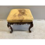 A Victorian carved mahogany dressing stool, width 56cm, depth 54cm, height 44cm