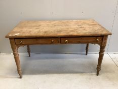 A Victorian pitch pine two drawer rectangular kitchen table, width 137cm, depth 75cm, height 76cm