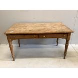 A Victorian pitch pine two drawer rectangular kitchen table, width 137cm, depth 75cm, height 76cm