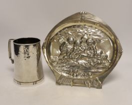 An Art Nouveau plated mug and an embossed dish, numbered 365A, 24cm wide